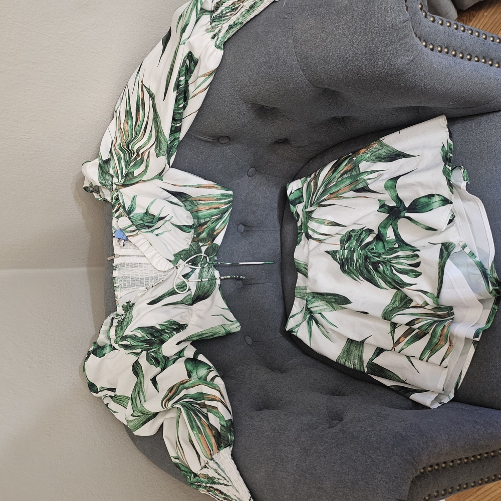 Tropical Leaf Print Blouse and Skirt Set